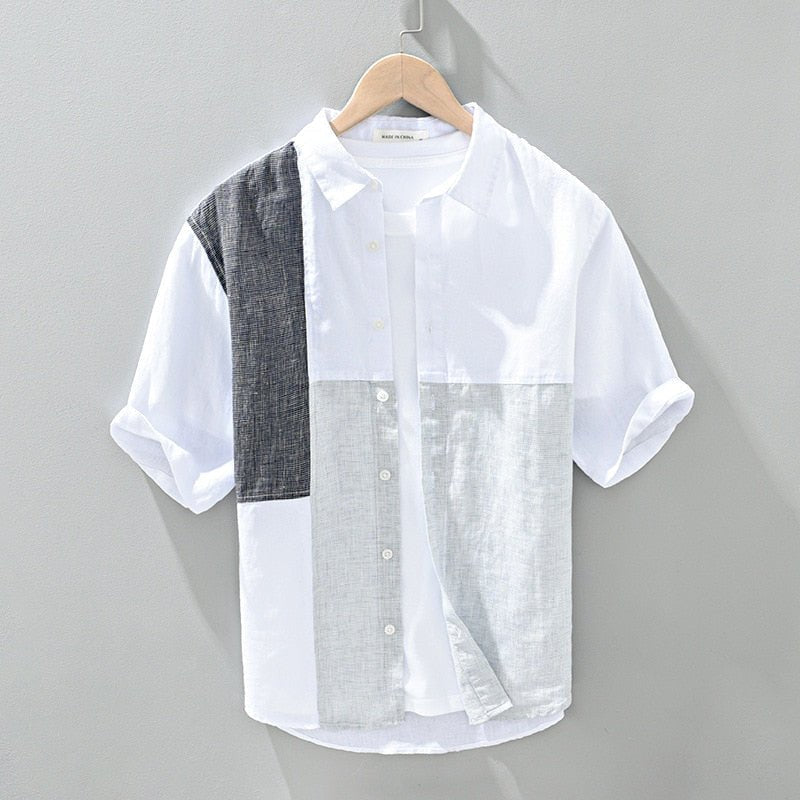 100% Linen Men's Asymmetric Plaid Patchwork White Shirt, Casual Half Sleeve Summer Fashion.