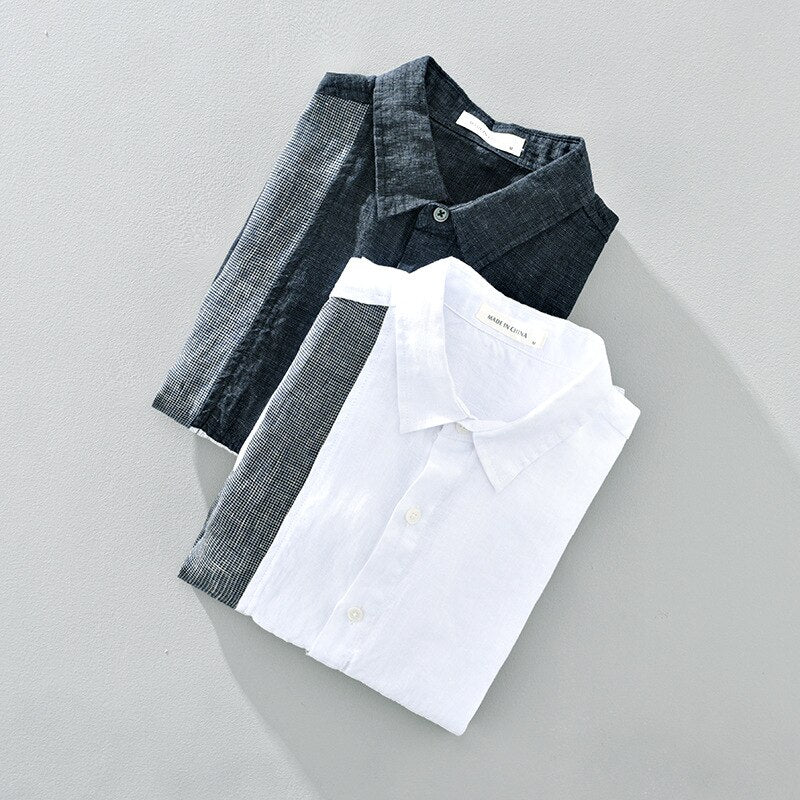 100% Linen Men's white shirts with asymmetric plaid patchwork design, summer fashion.