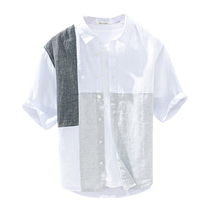 100% Linen Men's White Shirt with Asymmetric Plaid Patchwork, Casual Summer Fashion.