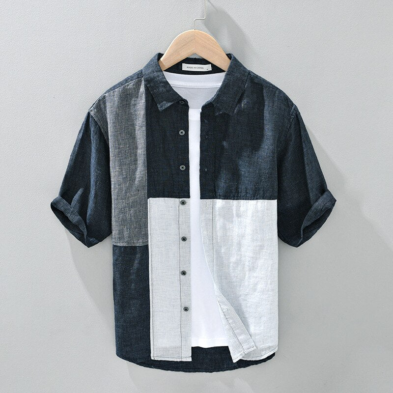 100% linen men's white shirt with asymmetric plaid patchwork design, casual summer fashion.