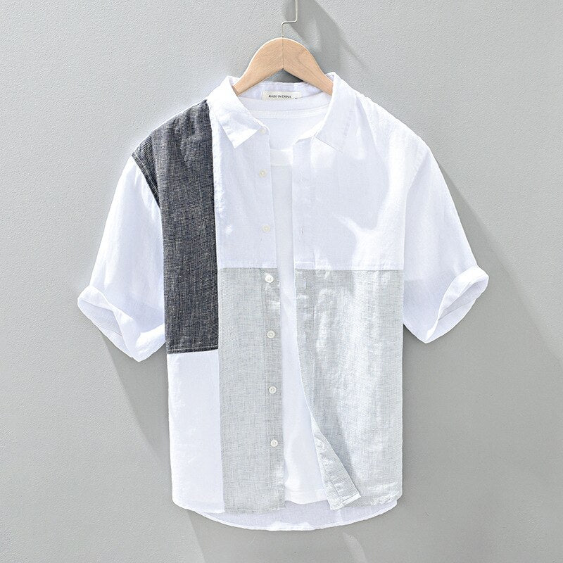 100% Linen Men's White Shirt, Asymmetric Plaid Patchwork, Half Sleeve, Casual Summer Fashion.