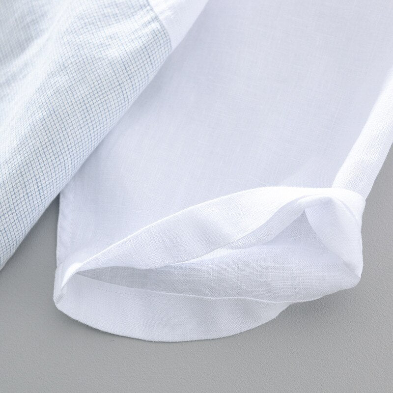 100% linen men's white shirt with asymmetric plaid patchwork design, half sleeves, and high-quality yarn-dyed fabric.