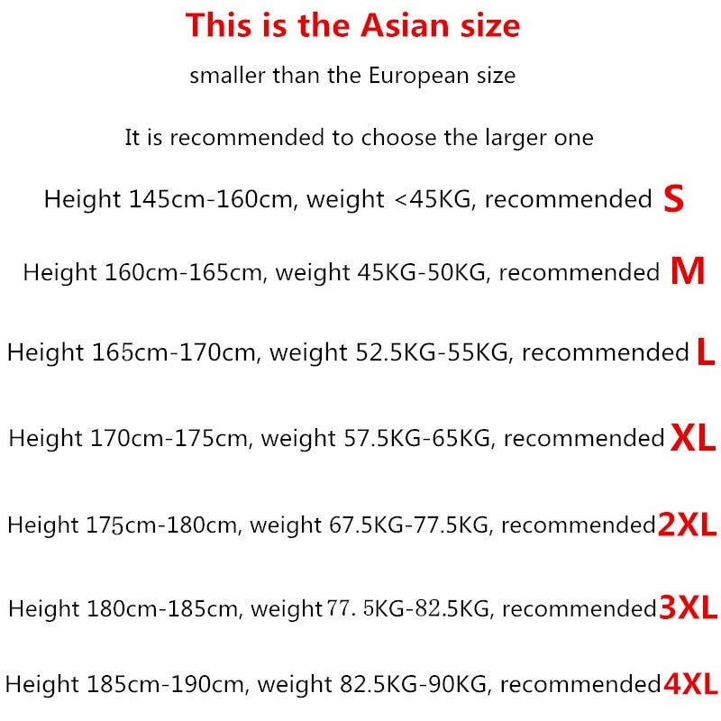 Size chart for Asian size recommendation, showing height and weight ranges with suggested clothing sizes from S to 4XL.