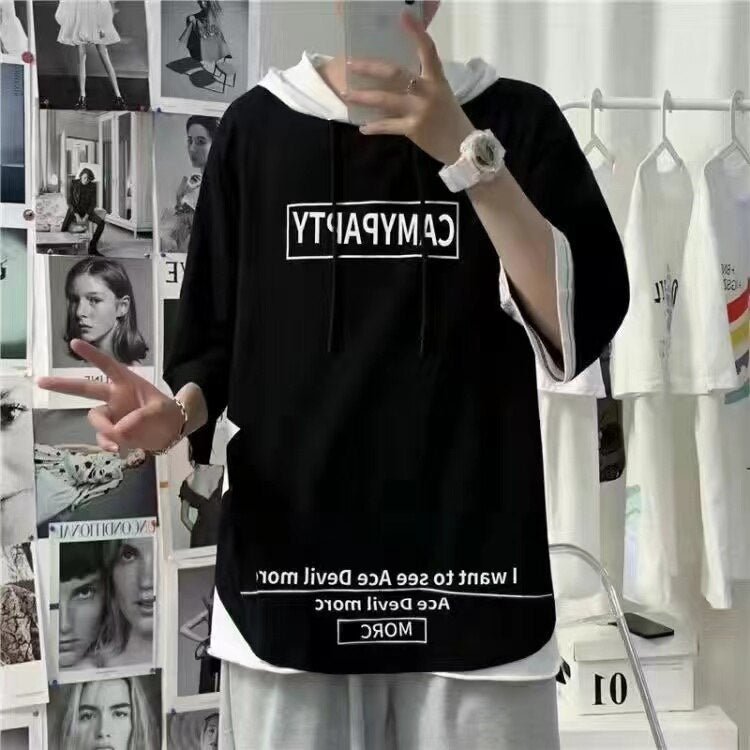 2023 Men's T Shirts Harajuku Japan Fashion Summer Three Quarter Tops Tees Men Casual Men Clothing Streetwear Hooded T Shirts Men - Fairy&Elf