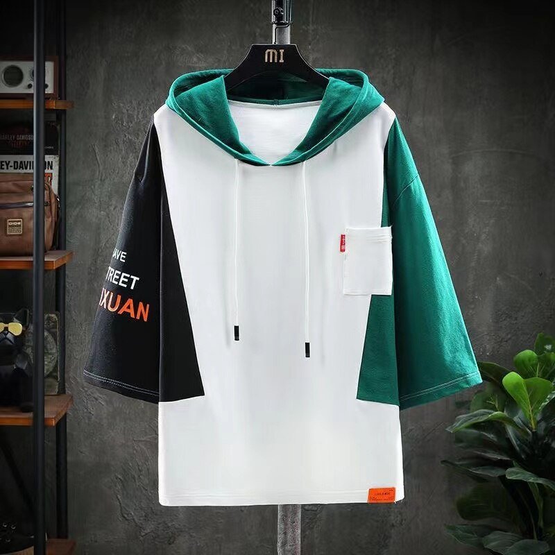 2023 Men's T Shirts Harajuku Japan Fashion Summer Three Quarter Tops Tees Men Casual Men Clothing Streetwear Hooded T Shirts Men - Fairy&Elf