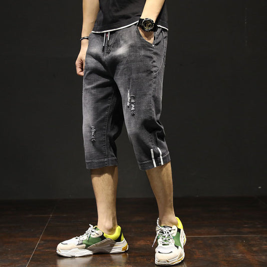 Summer 2021 Mens Streetwear Fashion Casual Straight Denim Shorts Loose Ripped Pants Drawstring Breeches Cowboy Cropped Jeans