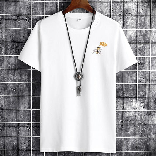 Men's casual O-neck T-shirt, 2021 sports fashion, short sleeve, solid white, summer wear.