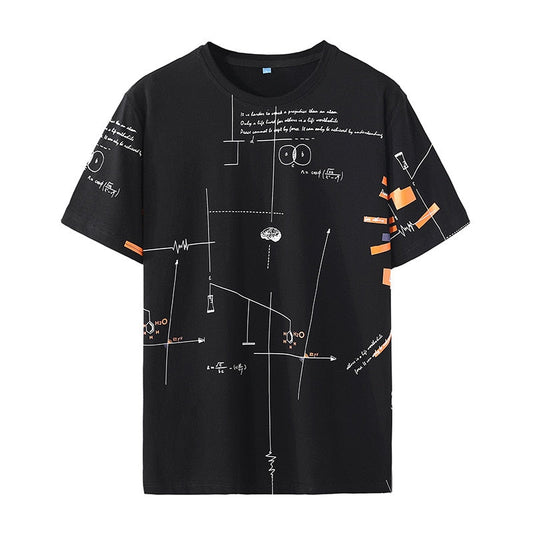 Black casual print men's T-shirt with short sleeves, oversized design, 2023 summer collection.