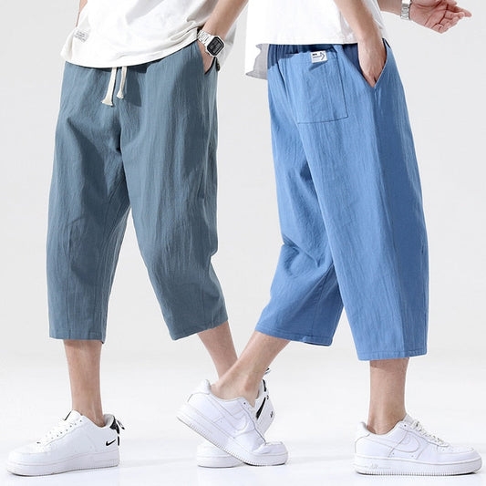 Men's loose linen pants in Korean style, nine-point length, ideal for summer casual wear.