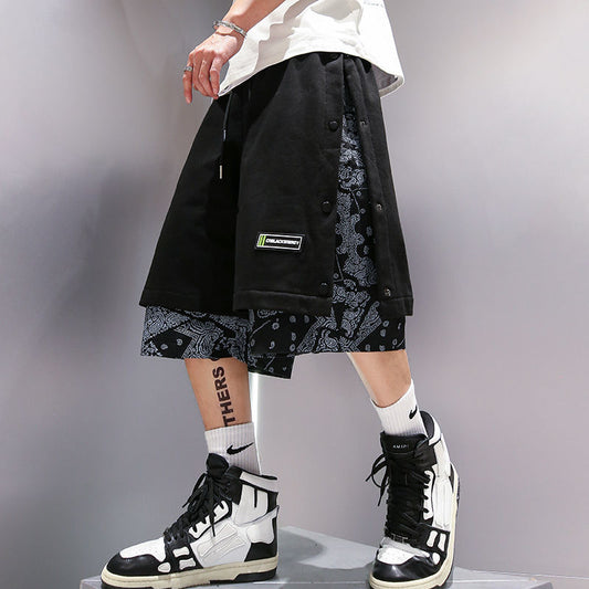 Fashion men printed shorts in punk style streetwear, summer casual sports basketball shorts, mid-waist, knee length, with drawstring closure.