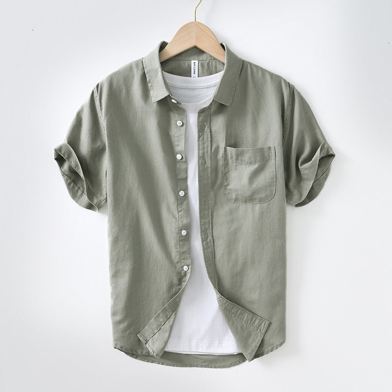 Men's solid color short-sleeved casual shirt, cotton linen, breathable.