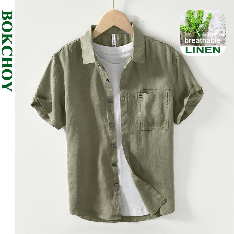 Men's casual short sleeve cargo shirt in pure linen, simple slim design, breathable summer clothing by BOKCHOY, model BL993.