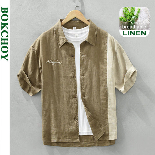 Men's vintage pure linen short sleeve patchwork shirt by BOKCHOY, casual streetwear style, breathable fabric C2785.