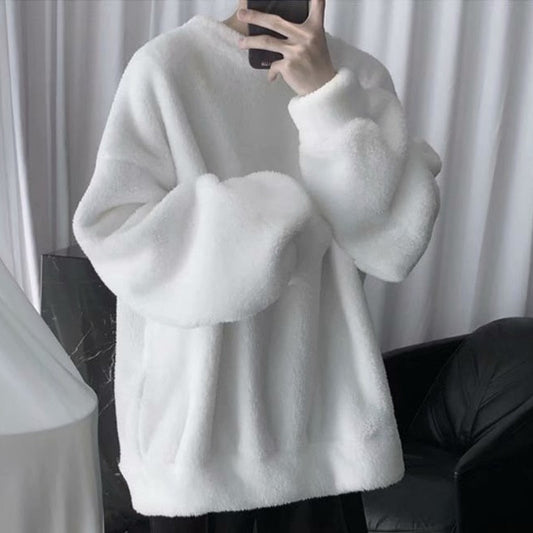 Oversize solid color lamb hair sweatshirt with O-neck and long sleeves, Korean fashion style.