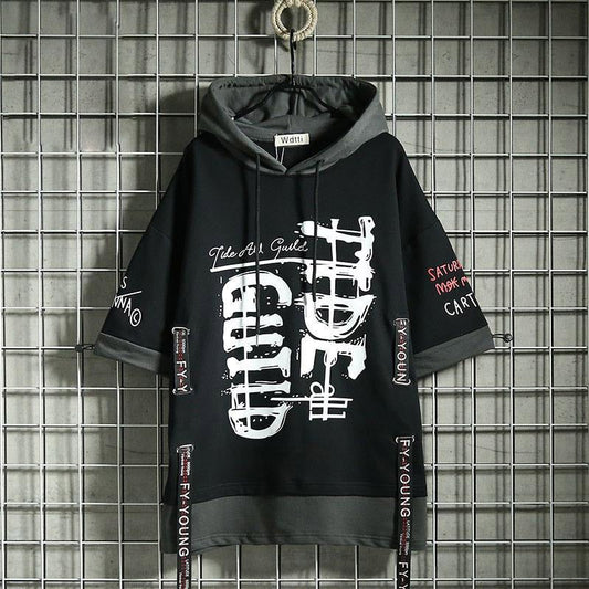 Fashion graffiti men's hoodie T-shirt with letter print, techwear style, summer streetwear for men.