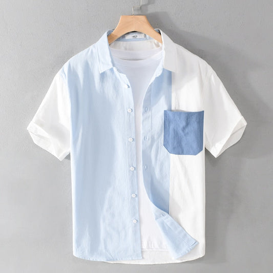 Designer short-sleeve casual patchwork cotton brand shirt for men on hanger.